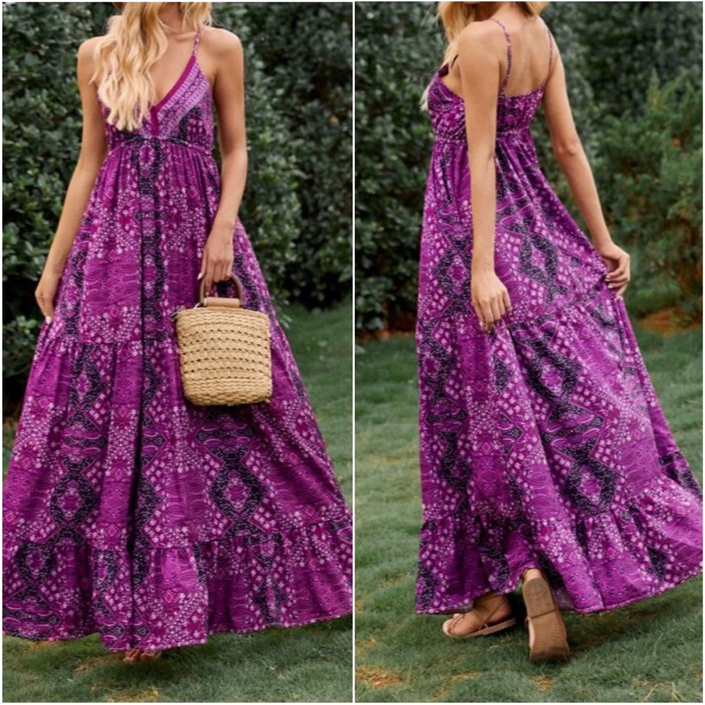 Bohemian Gypsy Red Ruffle Cami Maxi Dress Floral - Picture 6 of 7